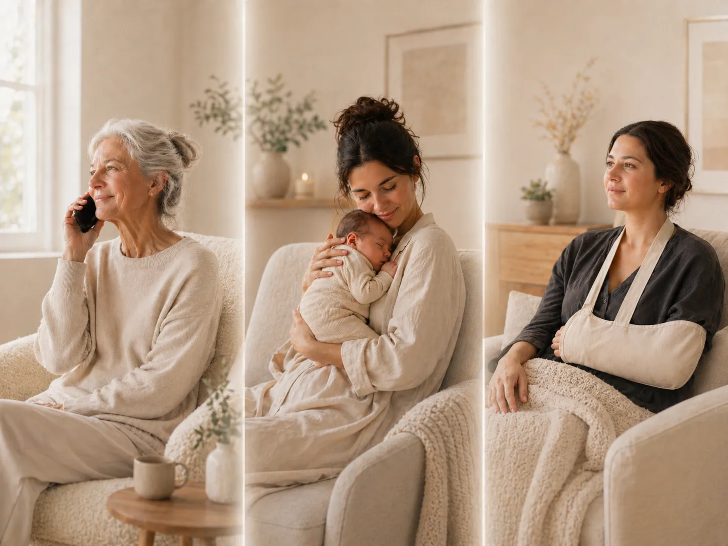 Several women in softly lit home settings, suggesting different care and check-in contexts.