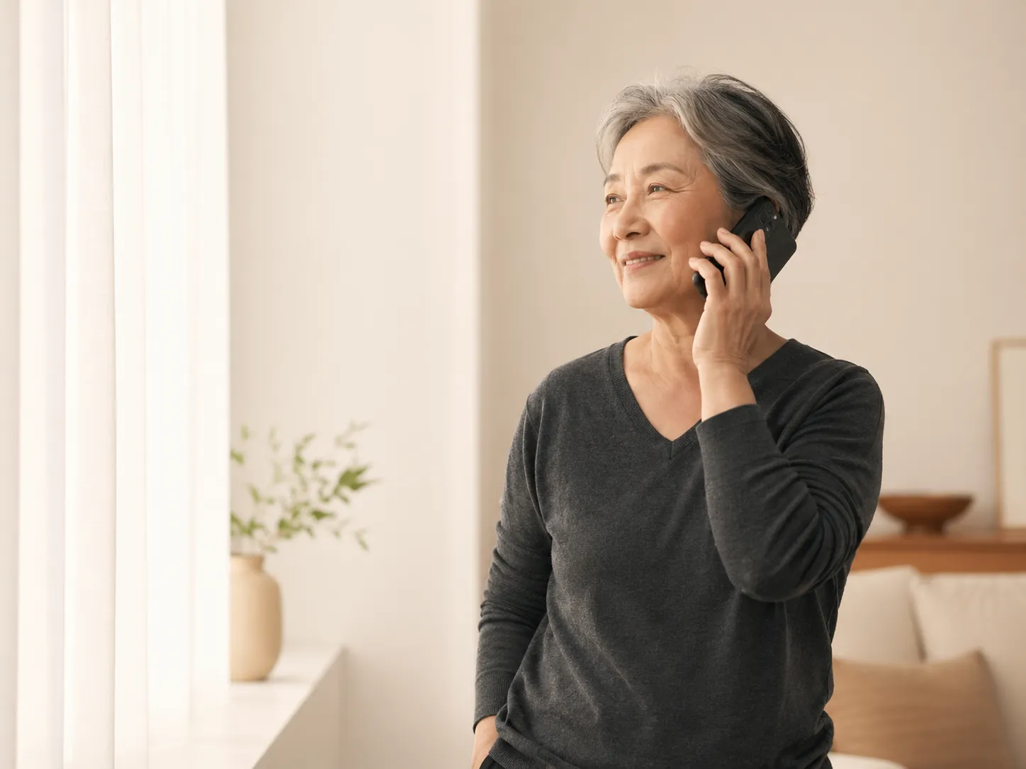 An older woman standing by a bright window while speaking on the phone.