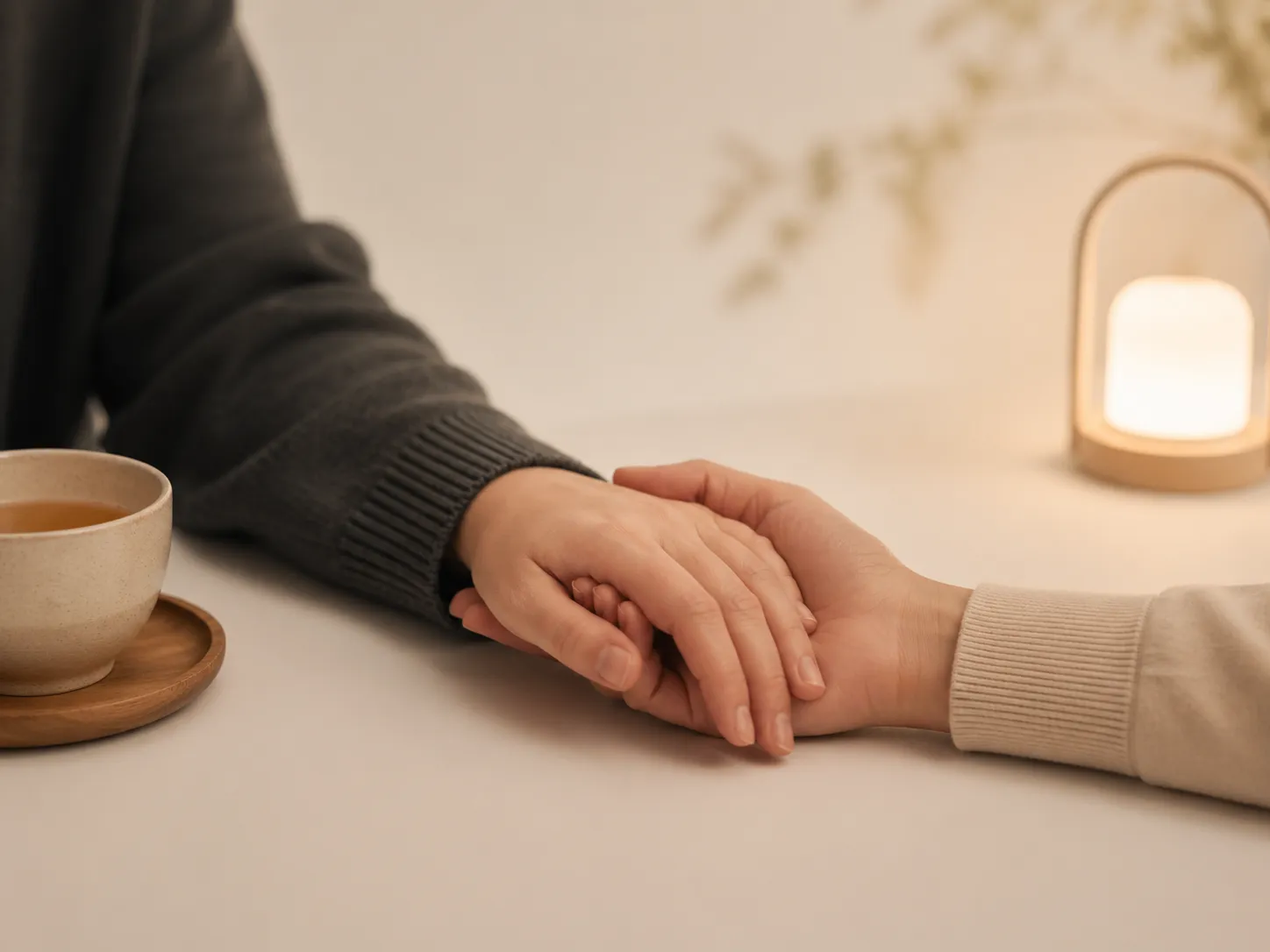 Two people holding hands beside tea and a small warm light.