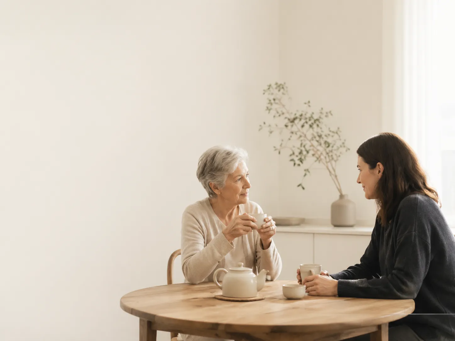 Two women sitting at a table with tea in a soft, minimal room.